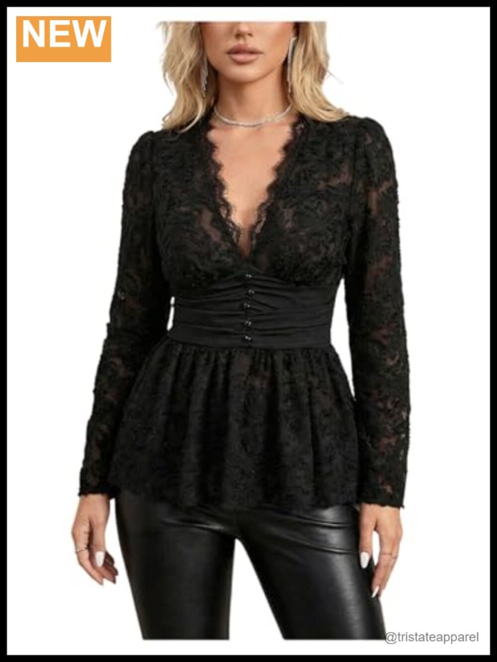 Womens Plus Size Sheer Lace Peplum V-Neck Long Sleeve Blouse